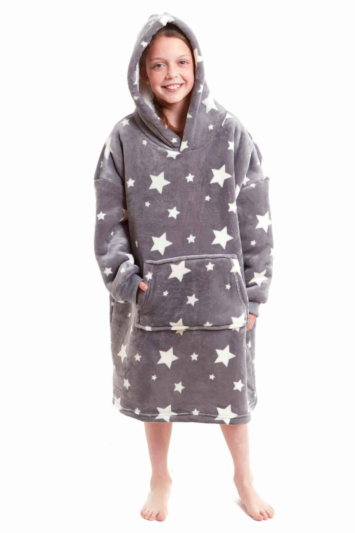 Kids' Oversized Hooded Fleece Blanket With Reversible Sherpa Double Pocket