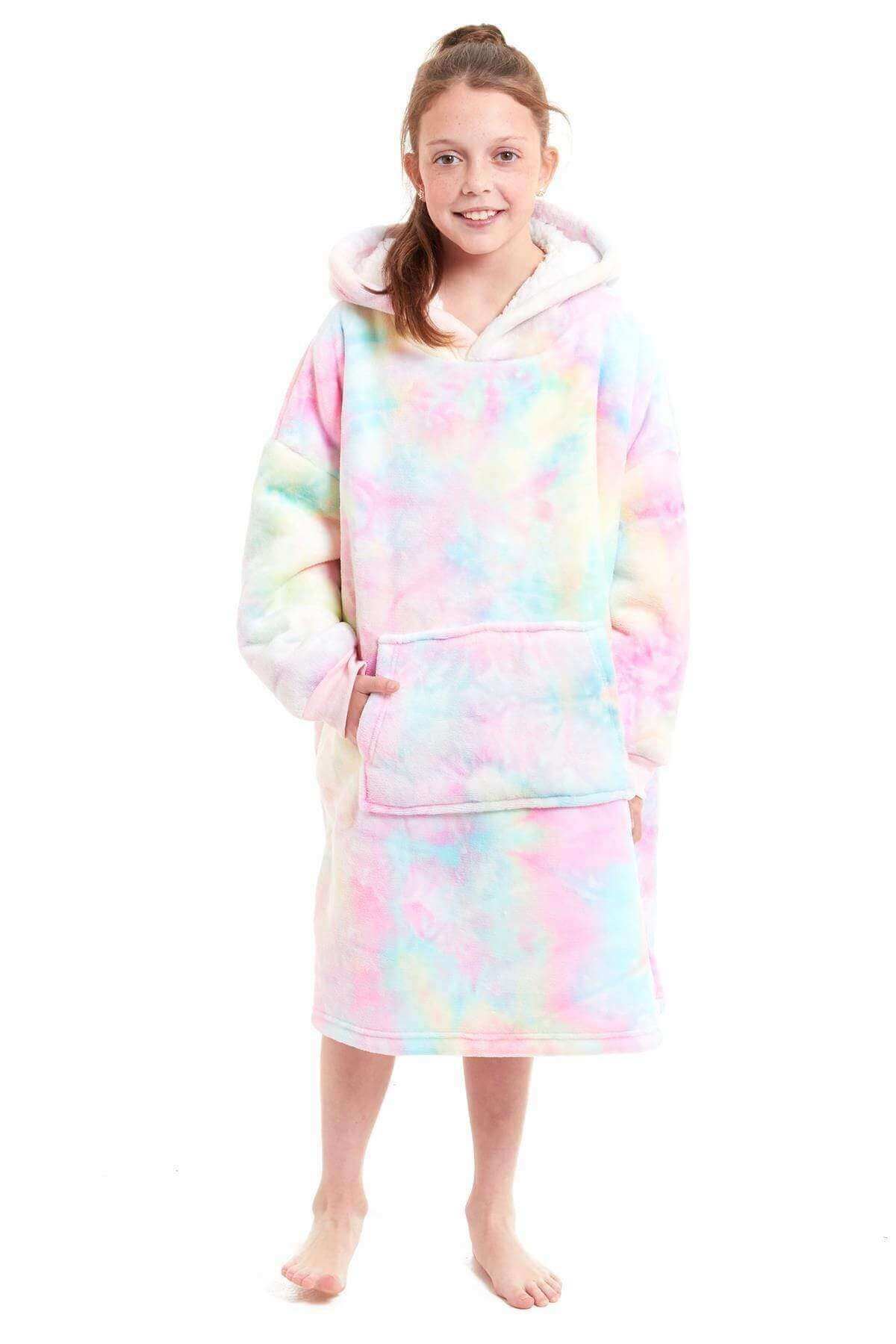 Kids' Oversized Hooded Fleece Blanket With Reversible Sherpa Double Pocket