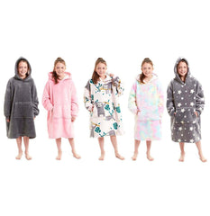 Kids' Oversized Hooded Fleece Blanket With Reversible Sherpa Double Pocket