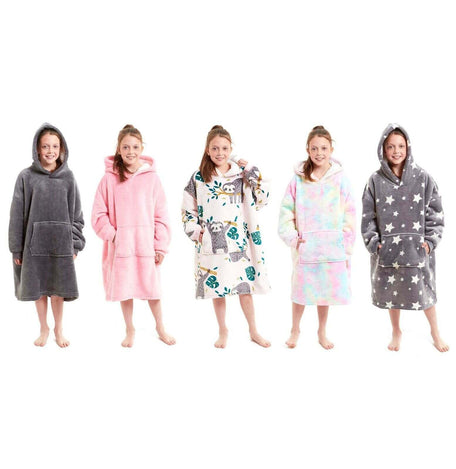 Kids' Oversized Hooded Fleece Blanket With Reversible Sherpa Double Pocket