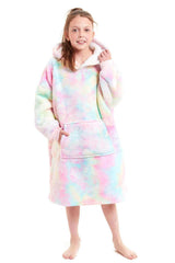 Kids' Oversized Hooded Fleece Blanket With Reversible Sherpa Double Pocket