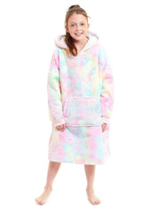 Kids' Oversized Hooded Fleece Blanket With Reversible Sherpa Double Pocket