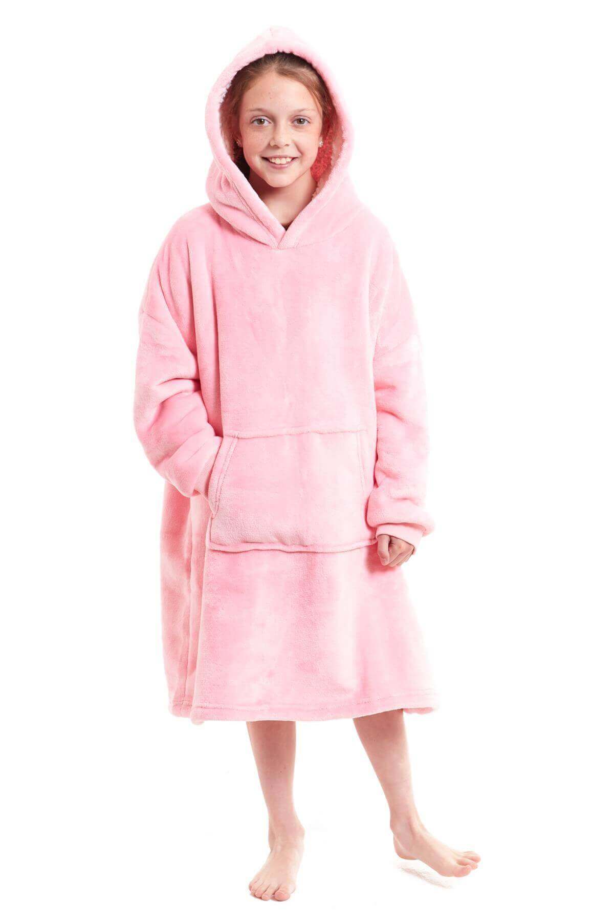 Kids' Oversized Hooded Fleece Blanket With Reversible Sherpa Double Pocket