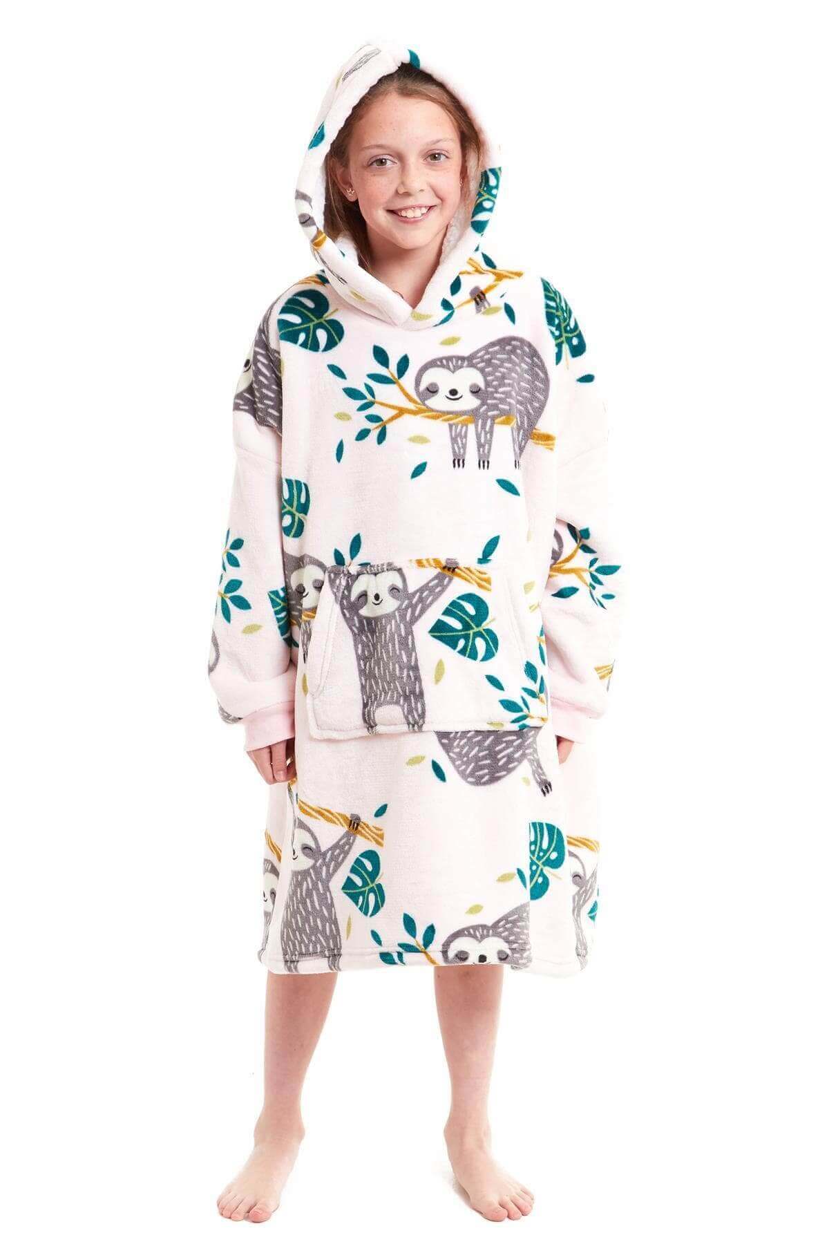 Kids' Oversized Hooded Fleece Blanket With Reversible Sherpa Double Pocket