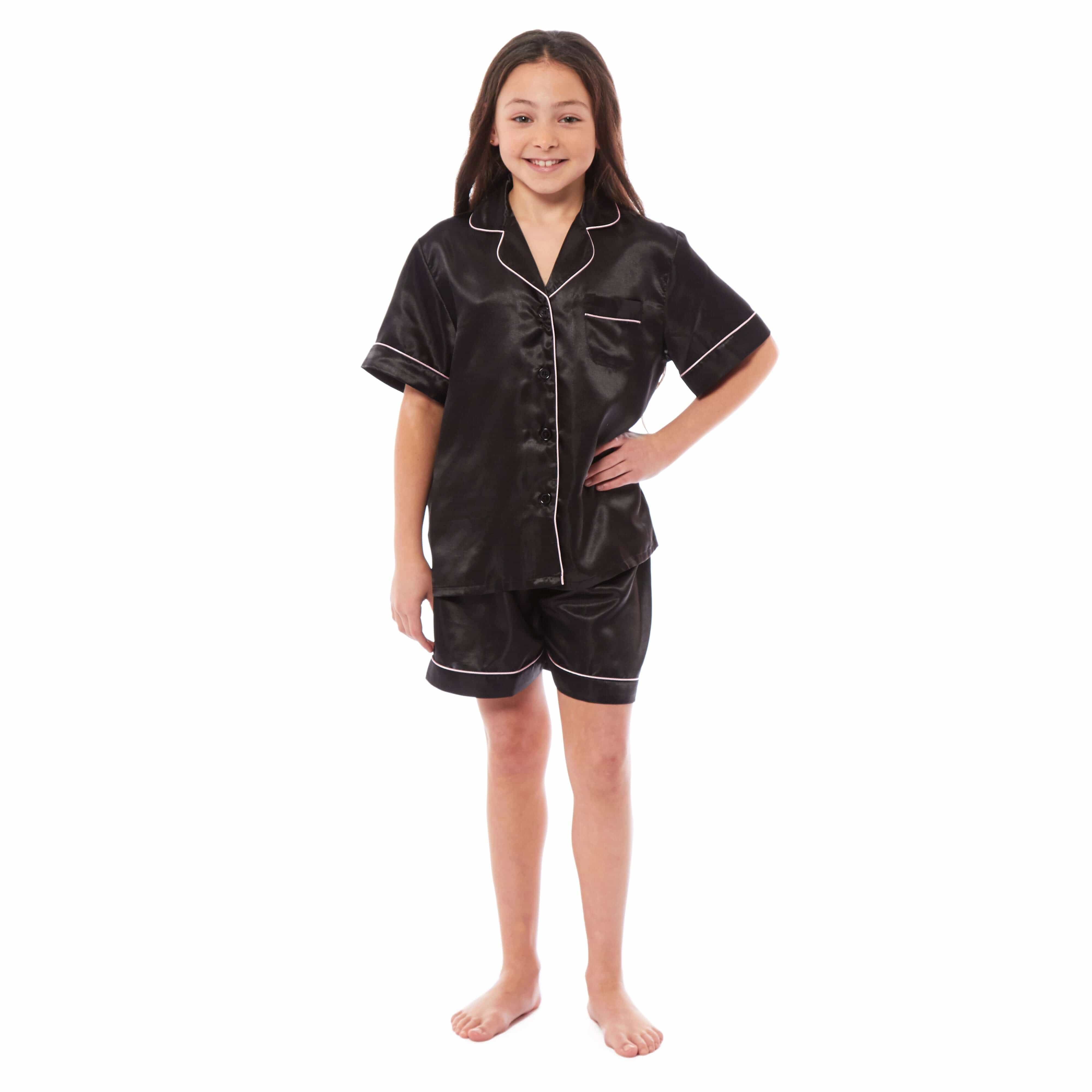 Girls' Satin Silk Pyjama Set With Button-Down Shirt And Loose-Fit Pants