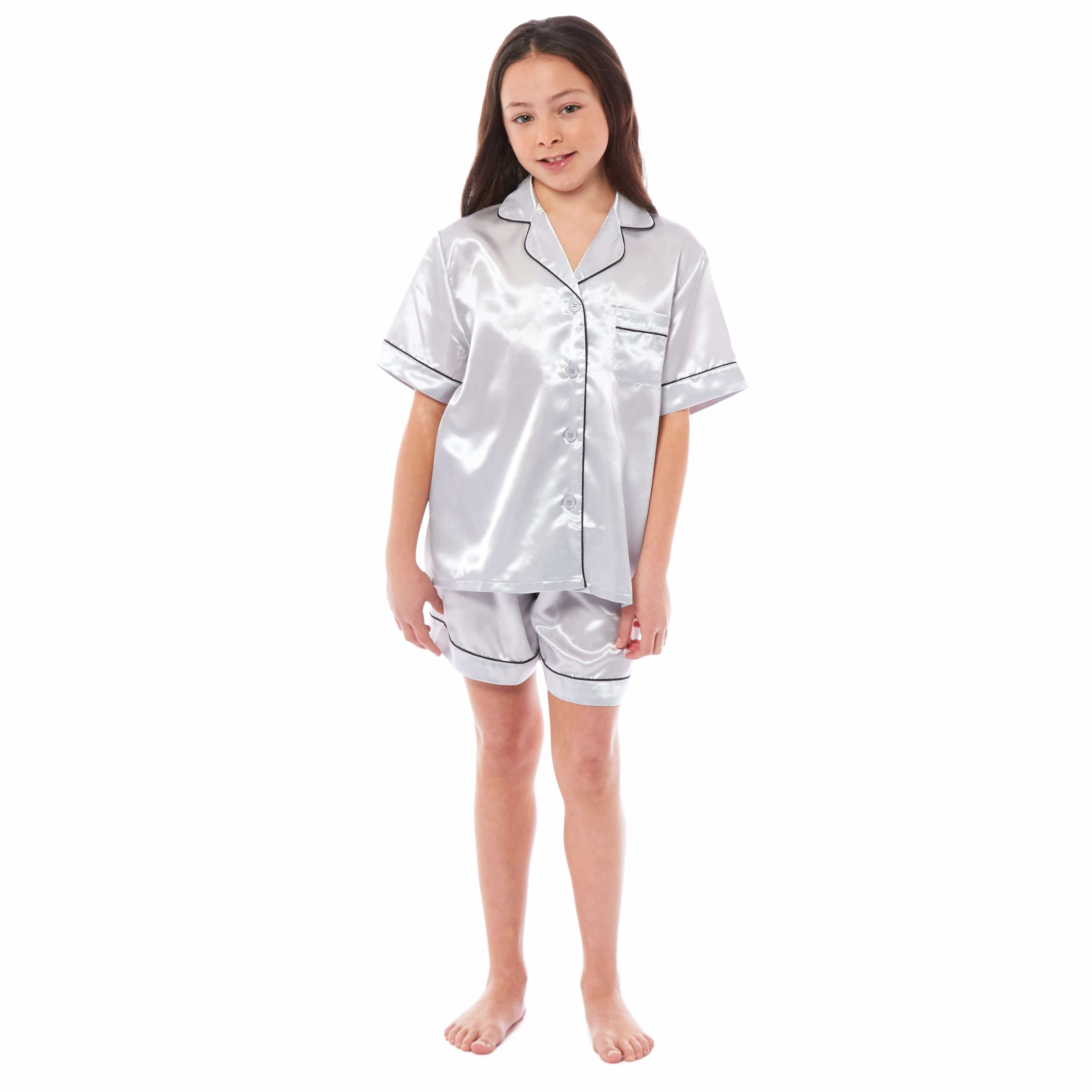 Girls' Satin Silk Pyjama Set With Button-Down Shirt And Loose-Fit Pants