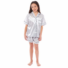 Girls' Satin Silk Pyjama Set With Button-Down Shirt And Loose-Fit Pants