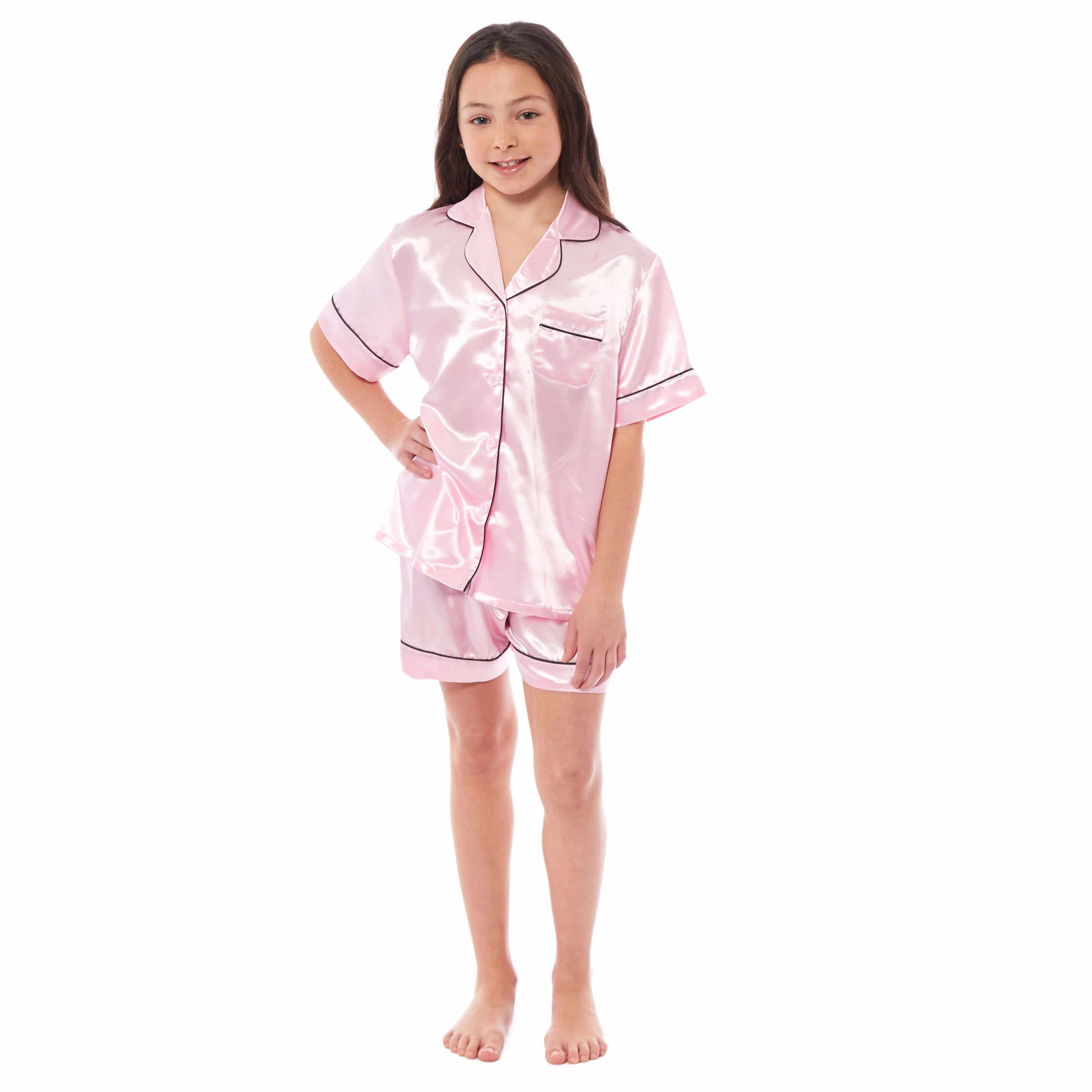 Girls' Satin Silk Pyjama Set With Button-Down Shirt And Loose-Fit Pants