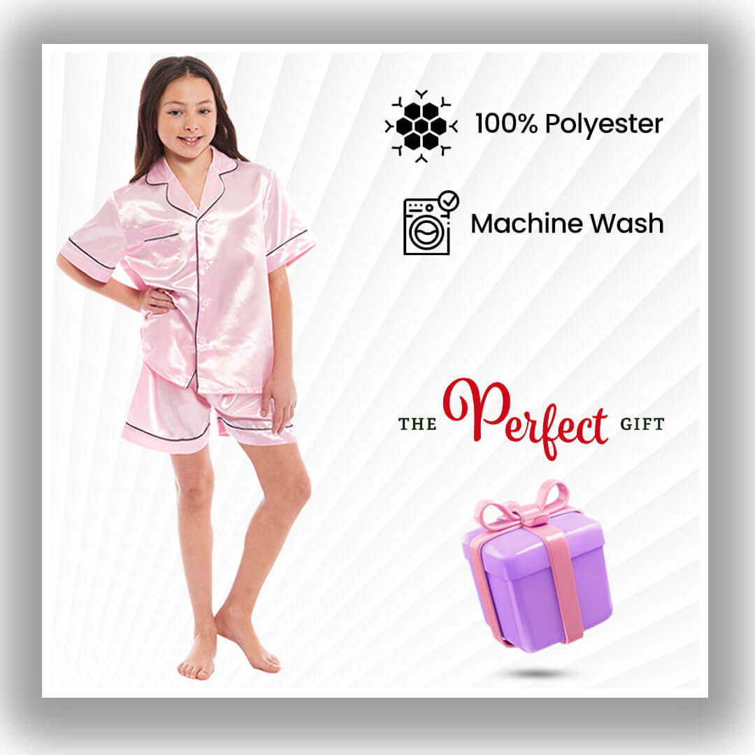 Girls' Satin Silk Pyjama Set With Button-Down Shirt And Loose-Fit Pants
