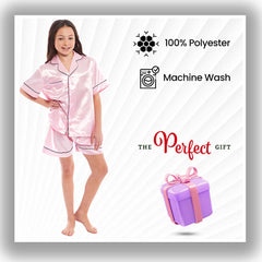 Girls' Satin Silk Pyjama Set With Button-Down Shirt And Loose-Fit Pants
