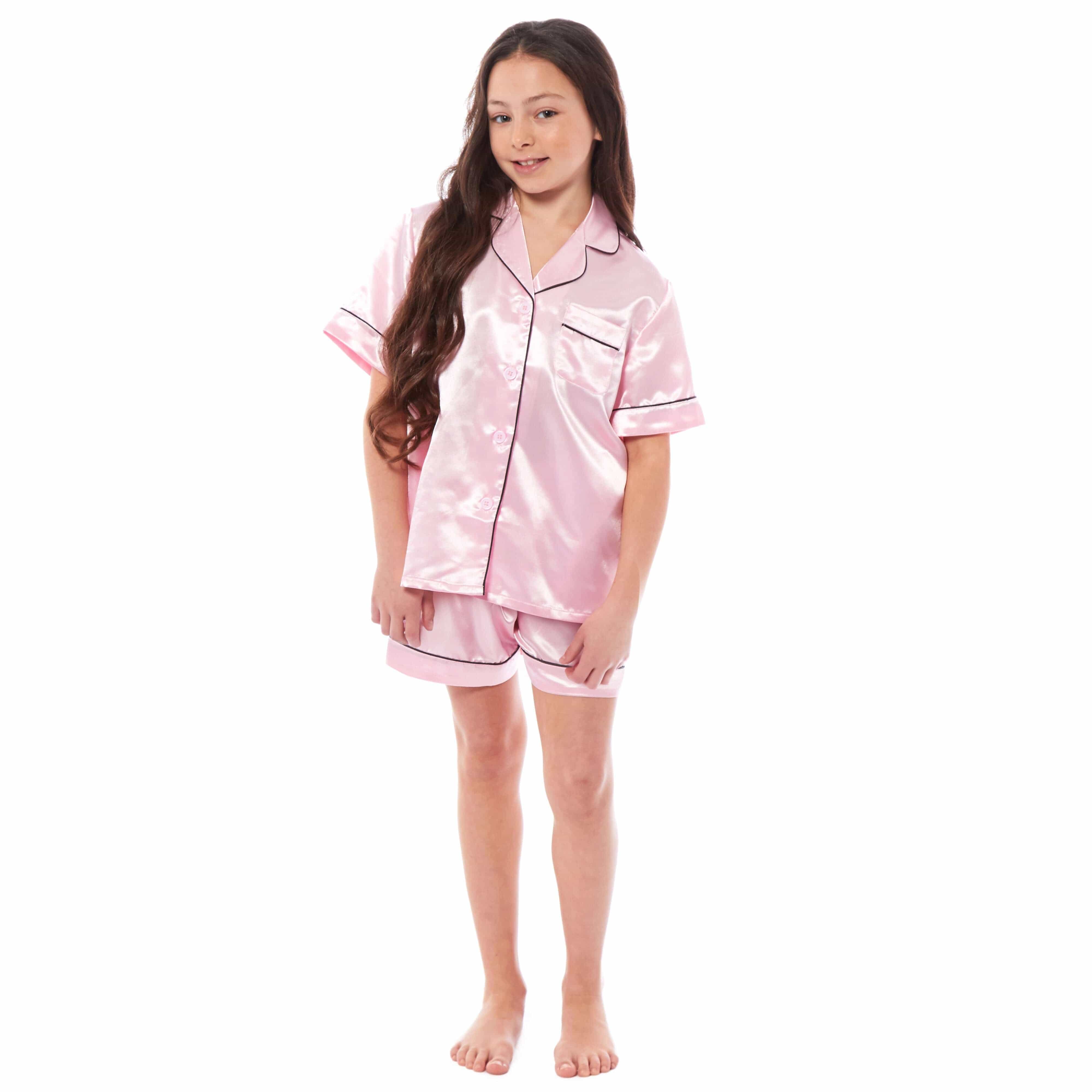 Girls' Satin Silk Pyjama Set With Button-Down Shirt And Loose-Fit Pants