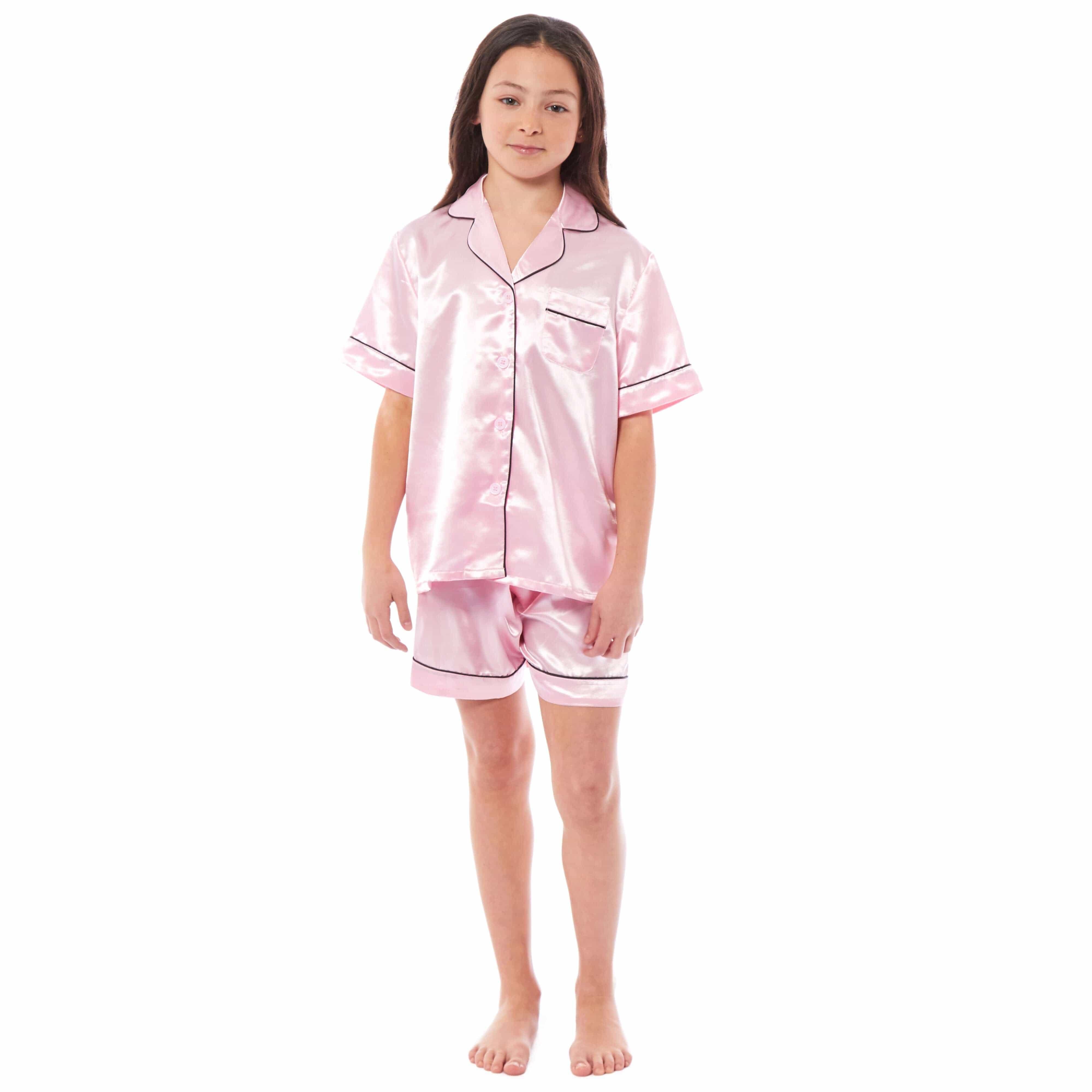 Girls' Satin Silk Pyjama Set With Button-Down Shirt And Loose-Fit Pants