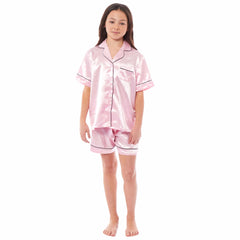 Girls' Satin Silk Pyjama Set With Button-Down Shirt And Loose-Fit Pants