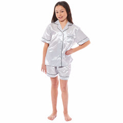 Girls' Satin Silk Pyjama Set With Button-Down Shirt And Loose-Fit Pants