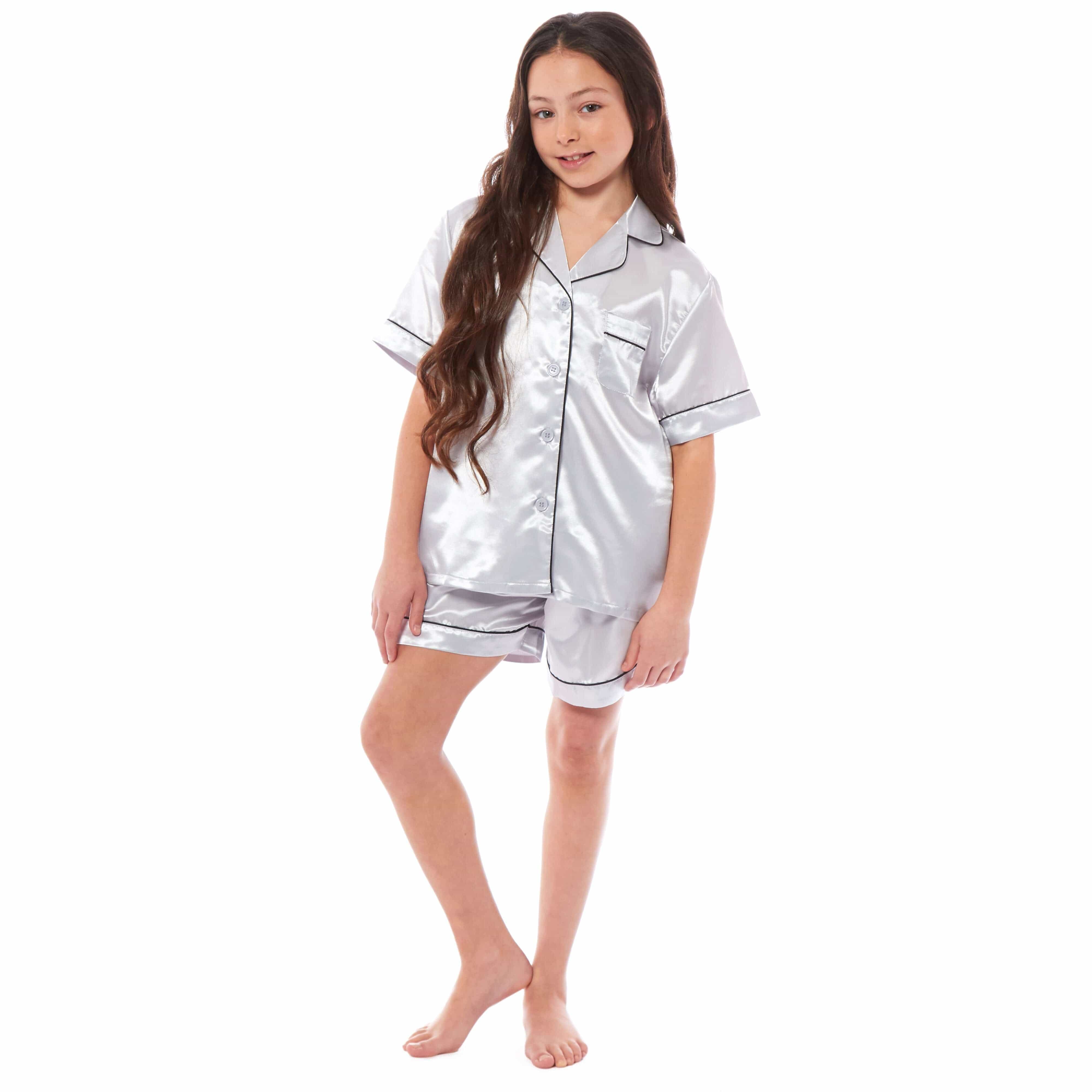 Girls' Satin Silk Pyjama Set With Button-Down Shirt And Loose-Fit Pants
