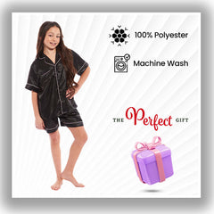 Girls' Satin Silk Pyjama Set With Button-Down Shirt And Loose-Fit Pants
