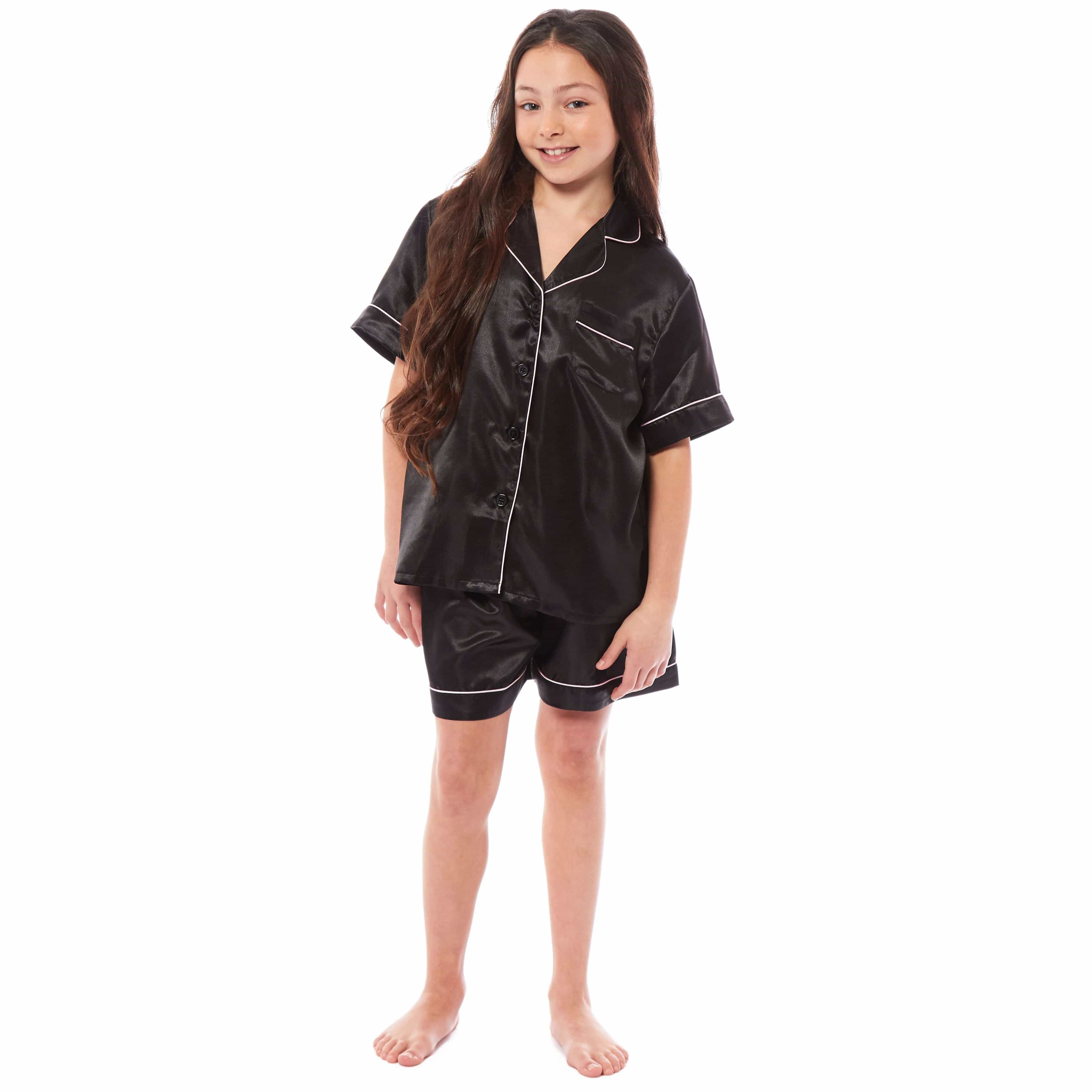 Girls' Satin Silk Pyjama Set With Button-Down Shirt And Loose-Fit Pants