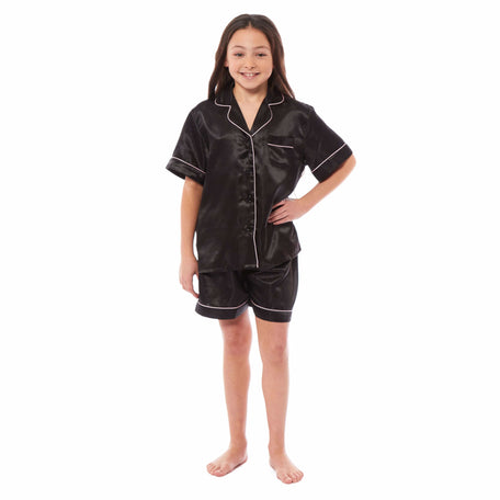 Girls' Satin Silk Pyjama Set With Button-Down Shirt And Loose-Fit Pants