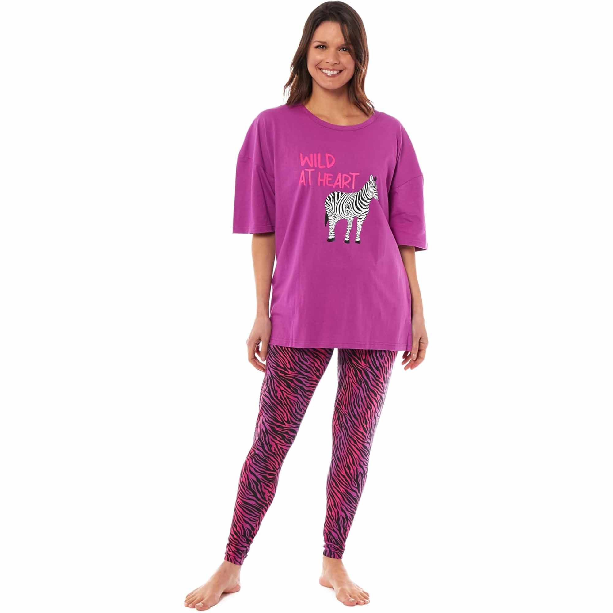 Women's Oversized Cotton T Shirt And Leggings PJ Set With Giraffe And Zebra