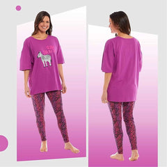 Women's Oversized Cotton T Shirt And Leggings PJ Set With Giraffe And Zebra