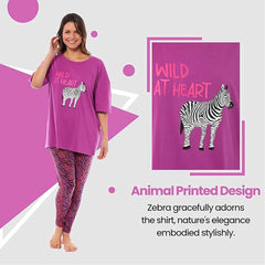 Women's Oversized Cotton T Shirt And Leggings PJ Set With Giraffe And Zebra
