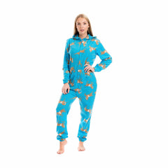 Women's Hooded Fleece Onesie Pyjamas With Horse Print Zipper Front Elastic