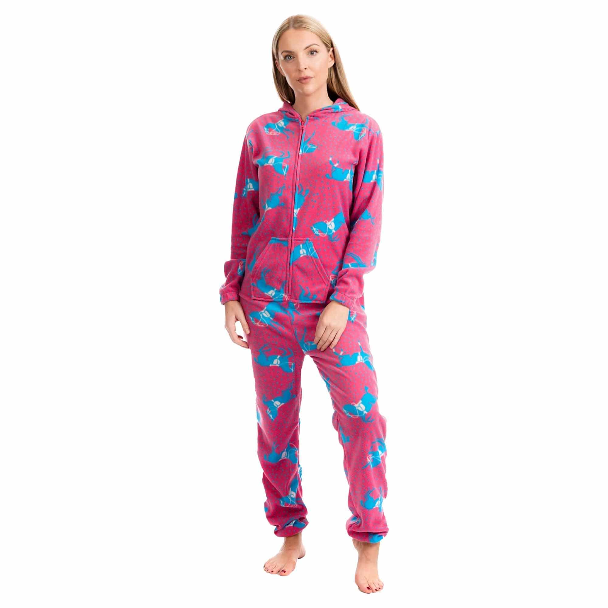 Women's Hooded Fleece Onesie Pyjamas With Horse Print Zipper Front Elastic