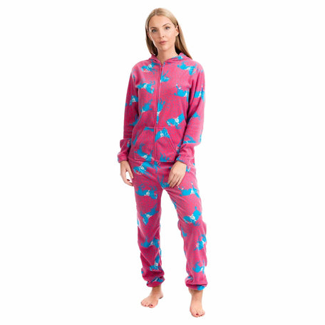 Women's Hooded Fleece Onesie Pyjamas With Horse Print Zipper Front Elastic