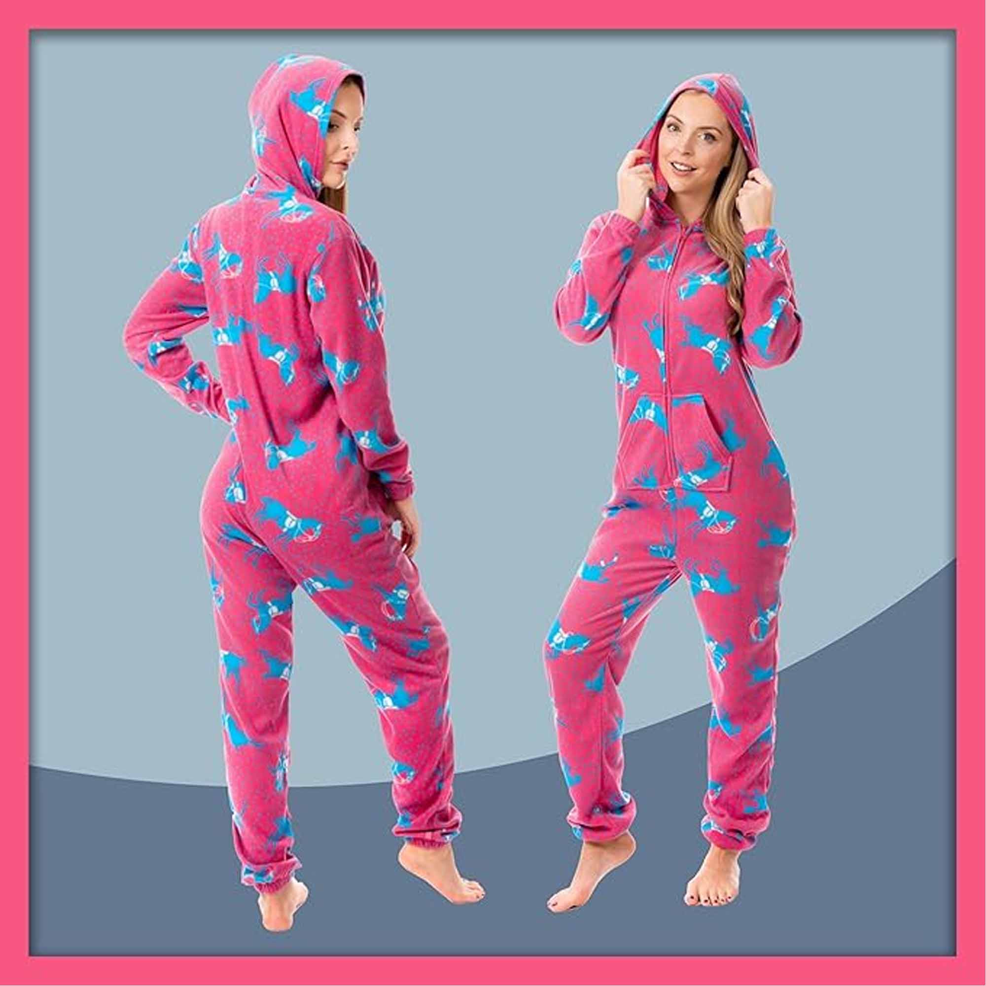 Women's Hooded Fleece Onesie Pyjamas With Horse Print Zipper Front Elastic