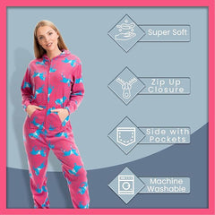 Women's Hooded Fleece Onesie Pyjamas With Horse Print Zipper Front Elastic