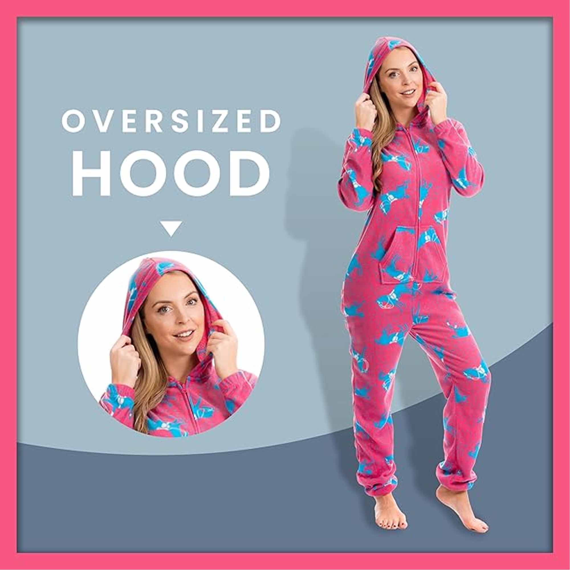 Women's Hooded Fleece Onesie Pyjamas With Horse Print Zipper Front Elastic