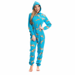 Women's Hooded Fleece Onesie Pyjamas With Horse Print Zipper Front Elastic