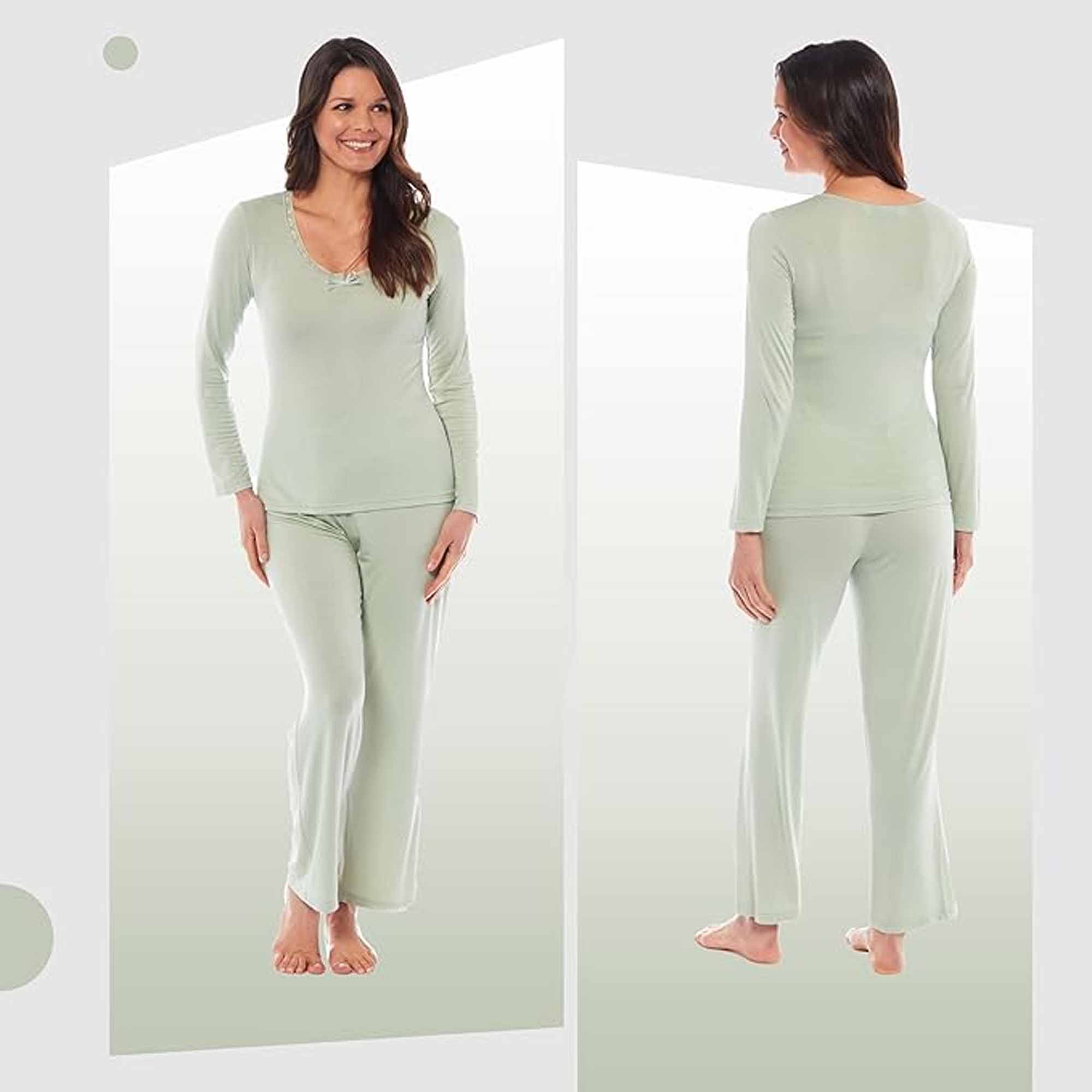 Women's Pyjama Set Long Sleeve Stretch Fit Black Green Viscose Spandex Blend