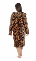Leopard Print Plush Fleece Hooded Bath Robe With Sherpa Fur Women's
