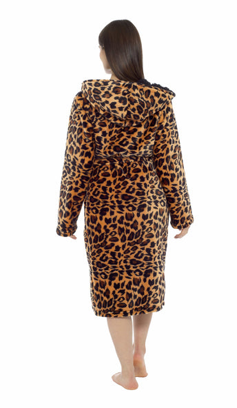 Leopard Print Plush Fleece Hooded Bath Robe With Sherpa Fur Women's