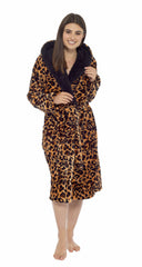Leopard Print Plush Fleece Hooded Bath Robe With Sherpa Fur Women's