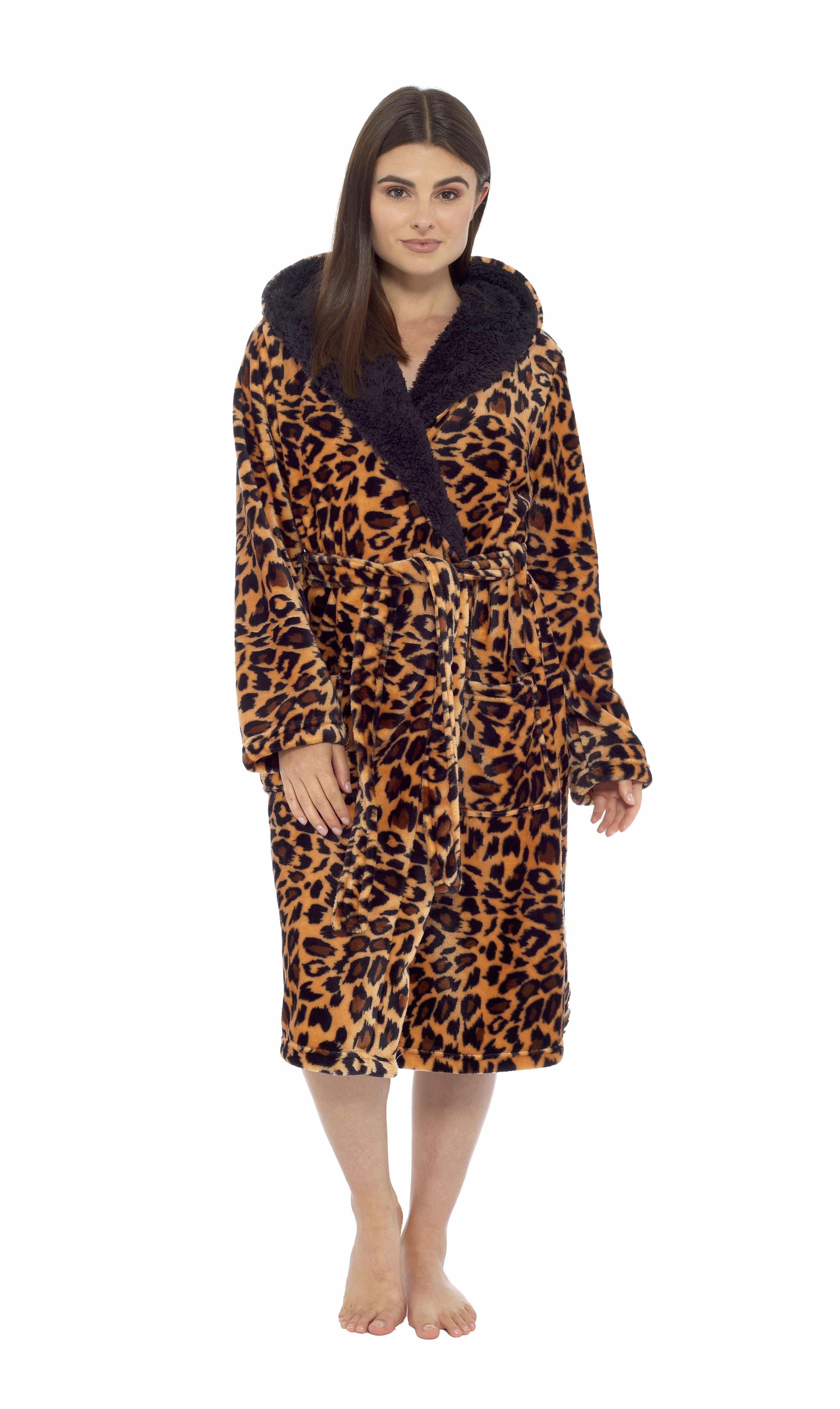 Leopard Print Plush Fleece Hooded Bath Robe With Sherpa Fur Women's