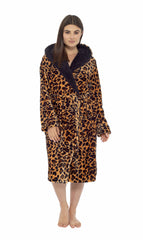 Leopard Print Plush Fleece Hooded Bath Robe With Sherpa Fur Women's