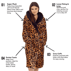 Leopard Print Plush Fleece Hooded Bath Robe With Sherpa Fur Women's