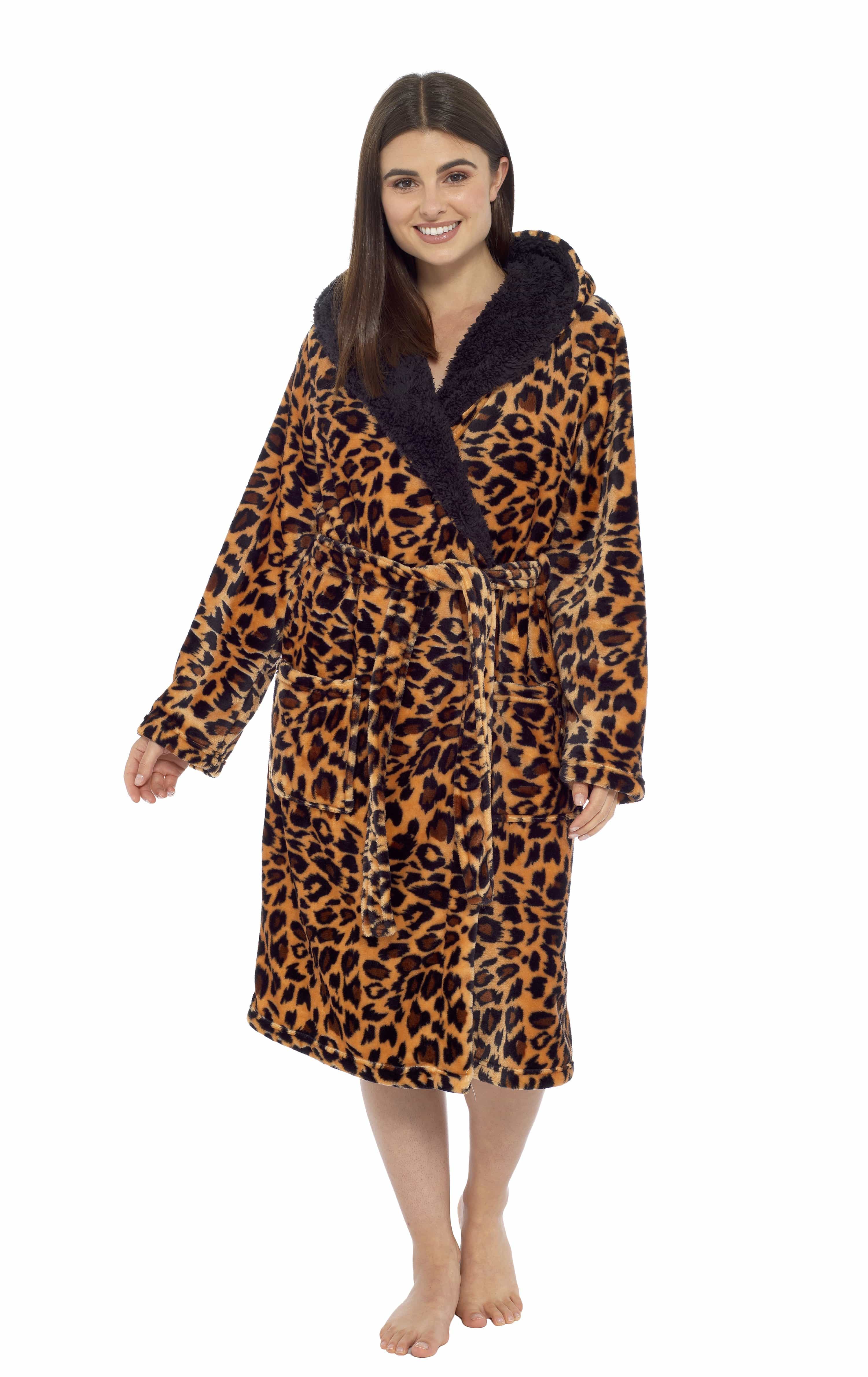 Leopard Print Plush Fleece Hooded Bath Robe With Sherpa Fur Women's