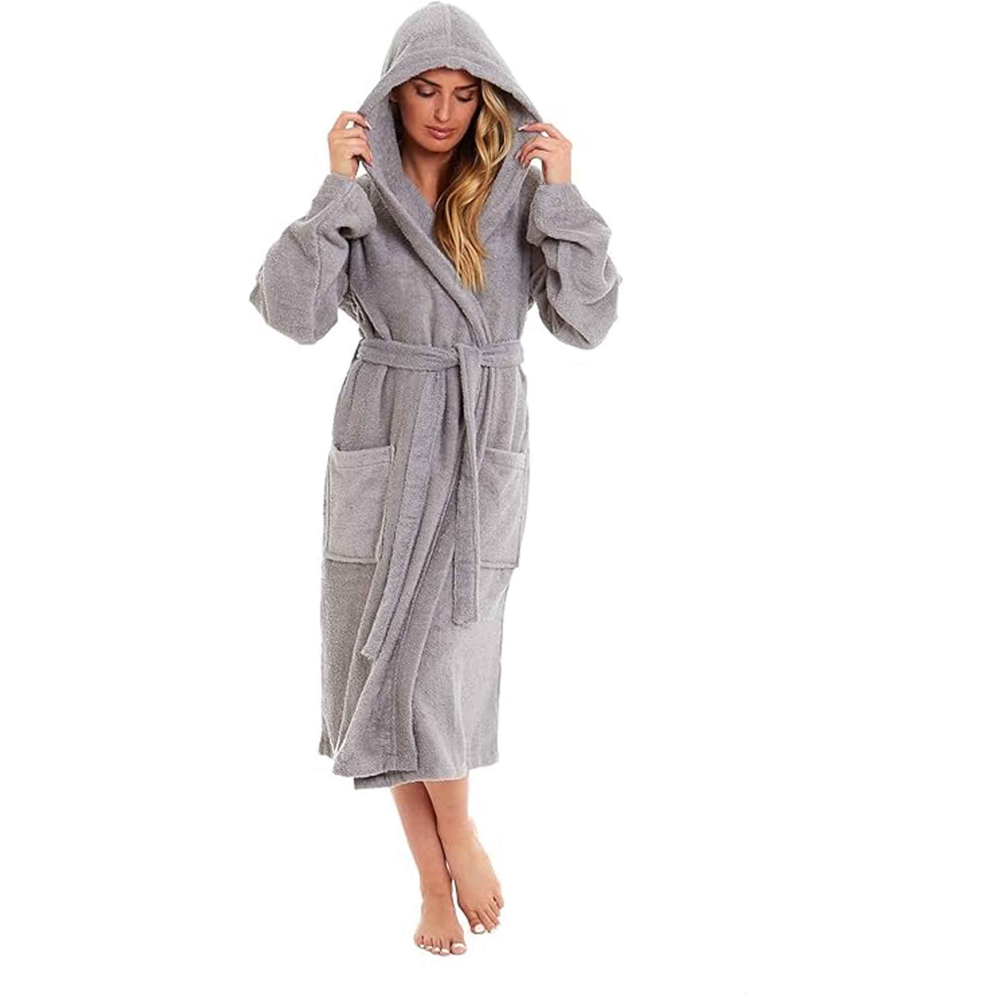 Women's Bamboo Hooded Dressing Gown Towelling Robe Ultra Absorbent Grey