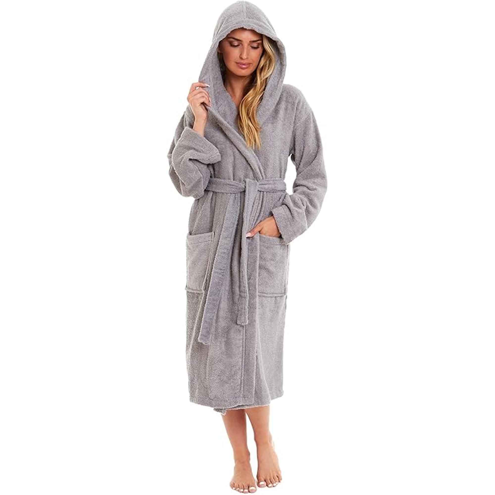 Women's Bamboo Hooded Dressing Gown Towelling Robe Ultra Absorbent Grey