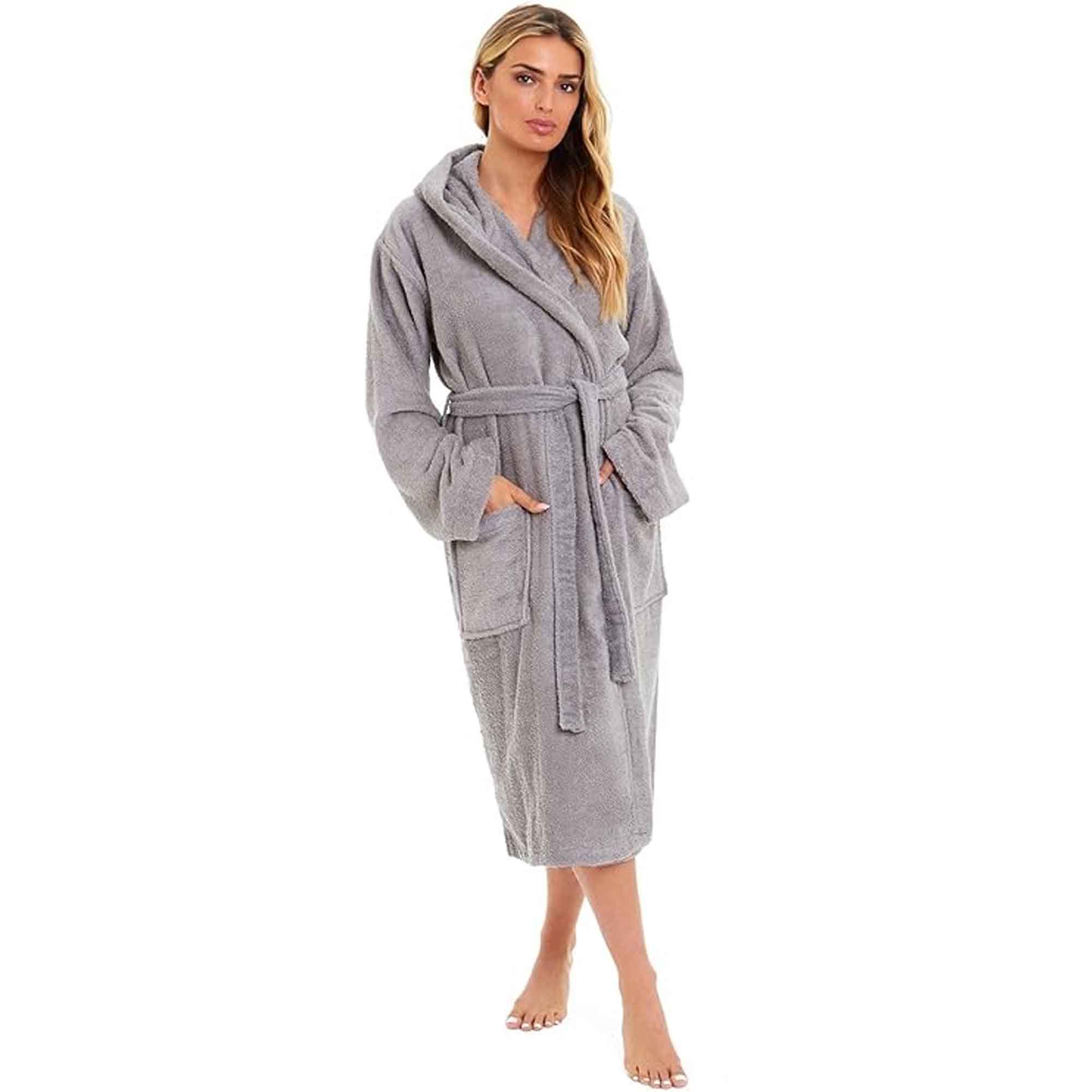 Women's Bamboo Hooded Dressing Gown Towelling Robe Ultra Absorbent Grey