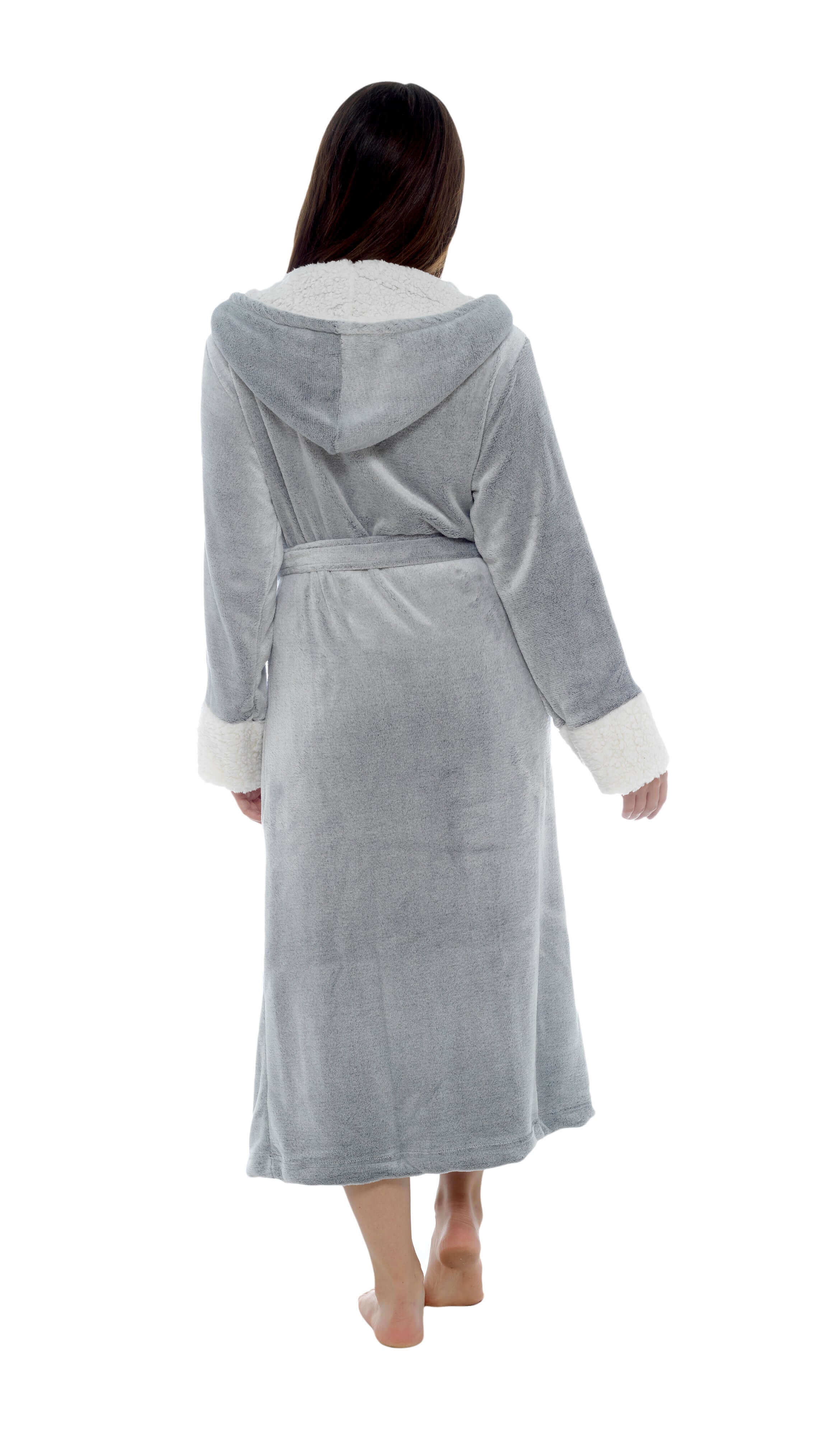 Women's Shimmer Grey Fleece Dressing Gown With Sherpa Fur Hood Plush Flannel