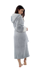 Women's Shimmer Grey Fleece Dressing Gown With Sherpa Fur Hood Plush Flannel