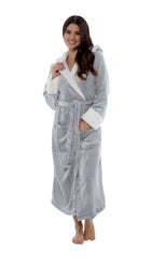 Women's Shimmer Grey Fleece Dressing Gown With Sherpa Fur Hood Plush Flannel
