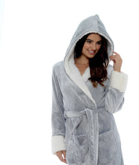 Women's Shimmer Grey Fleece Dressing Gown With Sherpa Fur Hood Plush Flannel