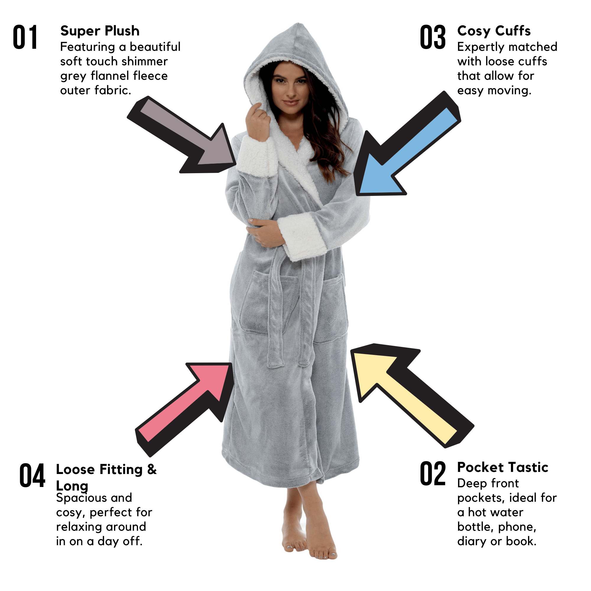 Women's Shimmer Grey Fleece Dressing Gown With Sherpa Fur Hood Plush Flannel