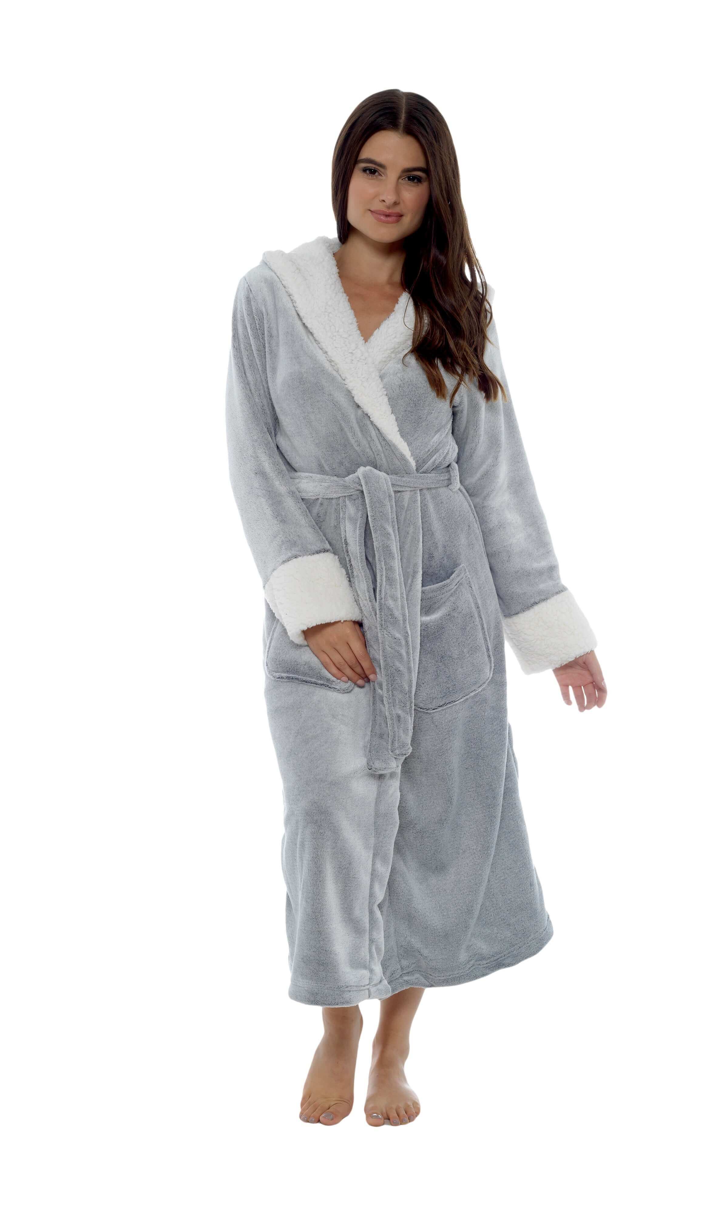 Women's Shimmer Grey Fleece Dressing Gown With Sherpa Fur Hood Plush Flannel