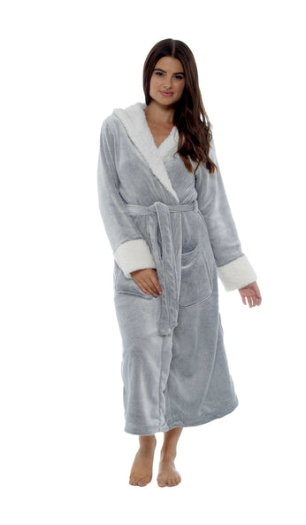 Women's Shimmer Grey Fleece Dressing Gown With Sherpa Fur Hood Plush Flannel